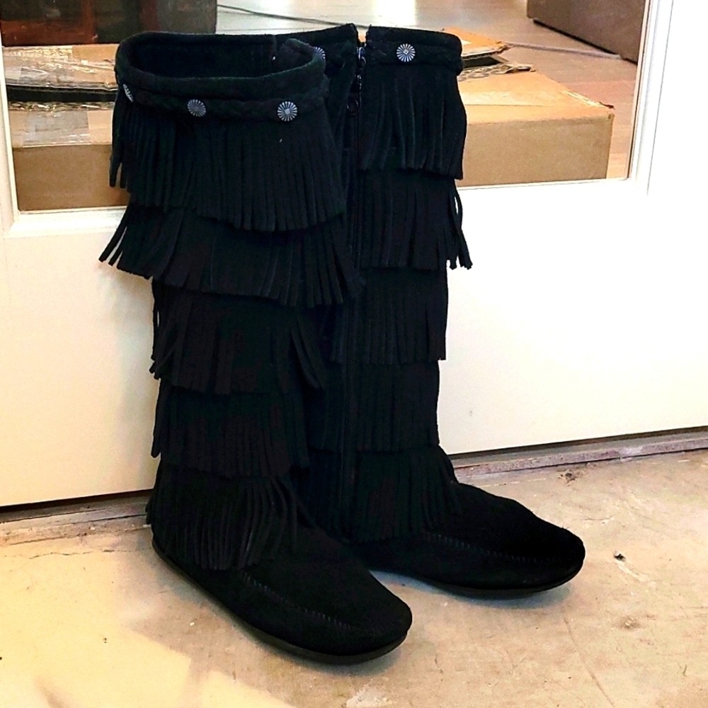 Minnetonka Black Suede 5 Layer Fringe Boot - image 4